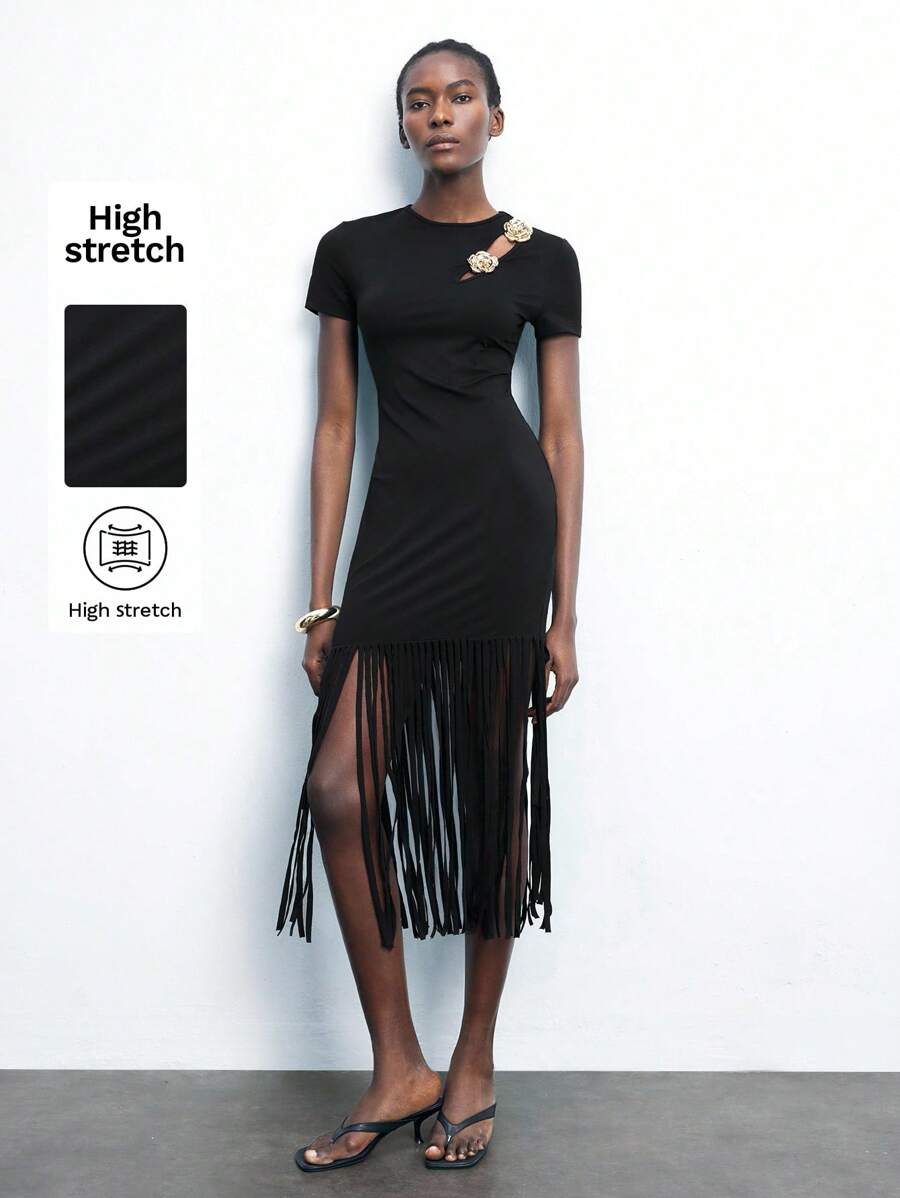 Maija Váy mùa hè màu đen dành cho nữ, cổ tròn có họa tiết hoa vàng ở vai, dáng ôm vừa vặn, tay ngắn, viền tua rua bồng bềnh, thời trang thanh lịch gợi cảm cho ngày lễ, kỳ nghỉ, lễ hội âm nhạc và phong cách cổ điển - màu đen - Xem 1