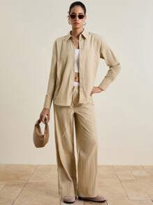 INAWLY 2pcs Women Casual Shirt & Pants Set, Suitable For Commuting And Leisure Wear In Early Autumn - Khaki - View 1
