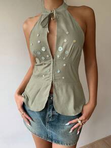 SHEIN EZwear 女士纯棉 Y2K 纯色贝壳纽扣设计吊带上衣，外出 - 橄欖綠 - 查看 3