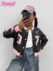 Tween Girls' Casual Everyday Contrast Trim Bow Print Button-Up Jacket Fall Winter - Black - View 5