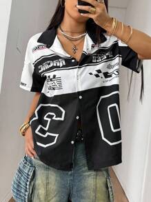 StreetHx 女式夏季数码印花单排扣运动短袖衬衫 - 白色 - 查看 4