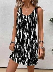EMERY ROSE 休闲复古黑白扎染图案圆领短款背心裙，波西米亚风，波西米亚风格，适合秋季、夏季度假、音乐节、乡村、海滨
