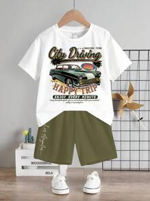 SHEIN ModeFlare Wear Baby Boy Casual Simple Cartoon Retro Print Short Sleeve T-Shirt And Shorts Set, Suitable For Summer - Army Green - View 3