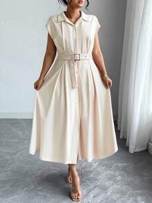 Elenzga Plus Size Women Elegant Collared Waist Cinched Solid Color Minimalist Dress, Suitable For Commute, Daily Wear, Dates, And Gatherings - White - View 1