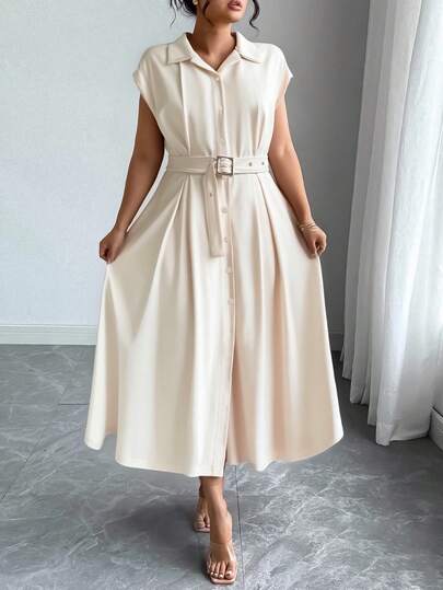 Elenzga Plus Size Women Elegant Collared Waist Cinched Solid Color Minimalist Dress, Suitable For Commute, Daily Wear, Dates, And Gatherings