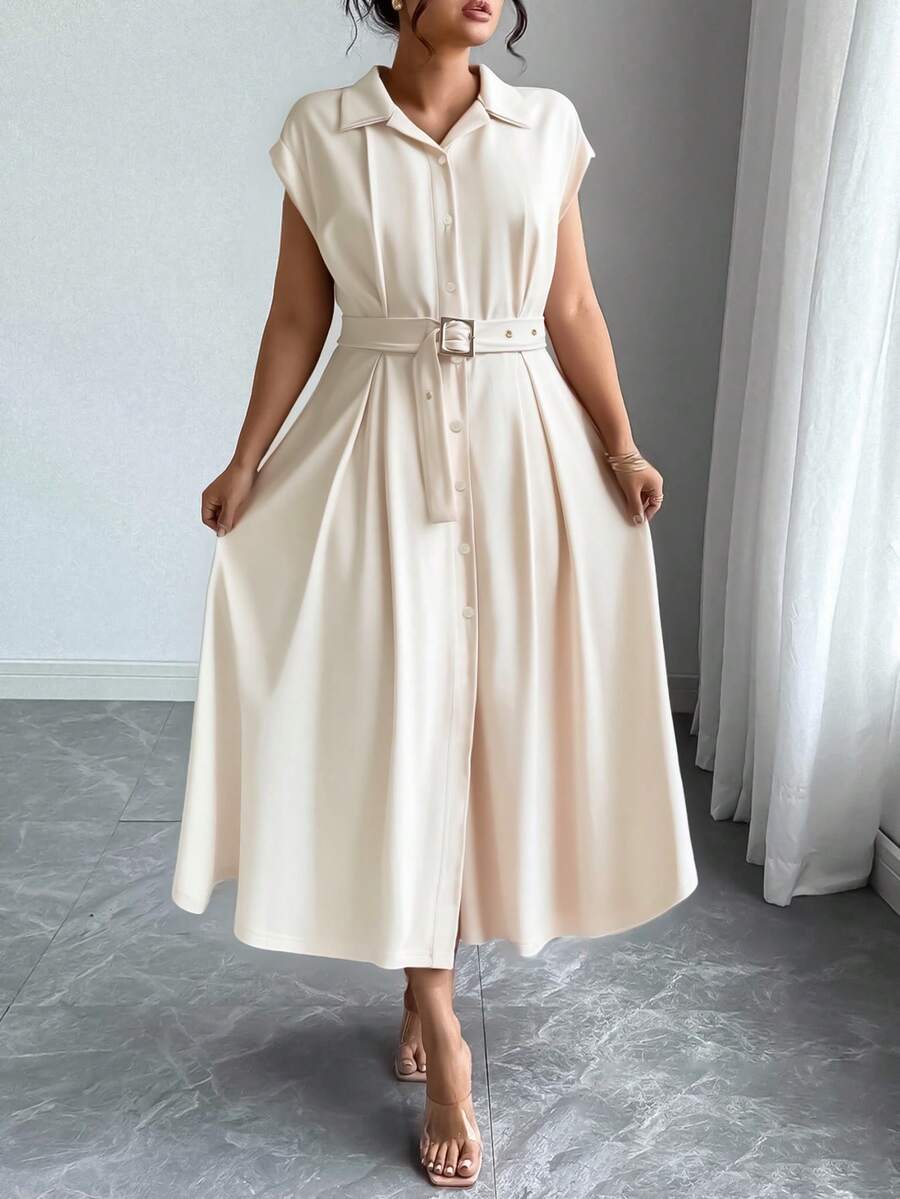 Elenzga Plus Size Women Elegant Collared Waist Cinched Solid Color Minimalist Dress, Suitable For Commute, Daily Wear, Dates, And Gatherings - White - View 1