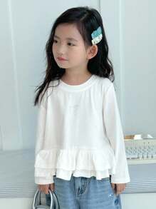 Dazy Kids 年轻女孩圆领长袖休闲荷叶边拼接宽松T恤