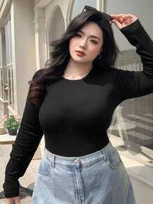 Dazy Plus Elastic Fitted Crew Neck Long Sleeve Black T-Shirt, Spring/Autumn - Black - View 7