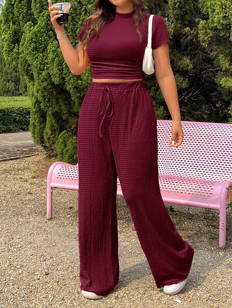 SHEIN EZwear 2 件套加大码纹理针织上衣和抽绳裤套装,休闲 - 酒紅色 - 查看 1