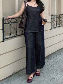 Dazy Plus 深洗蓝色宽松长款牛仔吊带背心上衣和阔腿牛仔裤两件套度假套装，夏季 - 深色水洗藍 - 查看 6