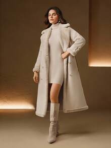 Anewsta 女士秋冬长款翻领腰带双排扣仿皮草大衣，优雅时尚 - 米色 - 查看 7