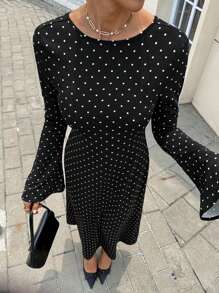 Siren Gaze 2025秋冬新款女装，情人节、新年、圣诞节、新年服装，波点连衣裙，秋季女装，适合婚礼宾客、商务休闲场合，女士圆领喇叭袖休闲波点露背连衣裙，棕色连衣裙，优雅高贵的冬季派对晚礼服，棕色 - 黑色 - 查看 3