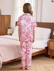 碎花印花丝滑睡衣套装，适合10至14岁少女，青少年家居服套装