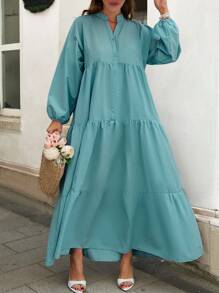 Vestido casual de manga larga con cuello calado y dobladillo con volantes de unicolor - verde menta - Ver 4