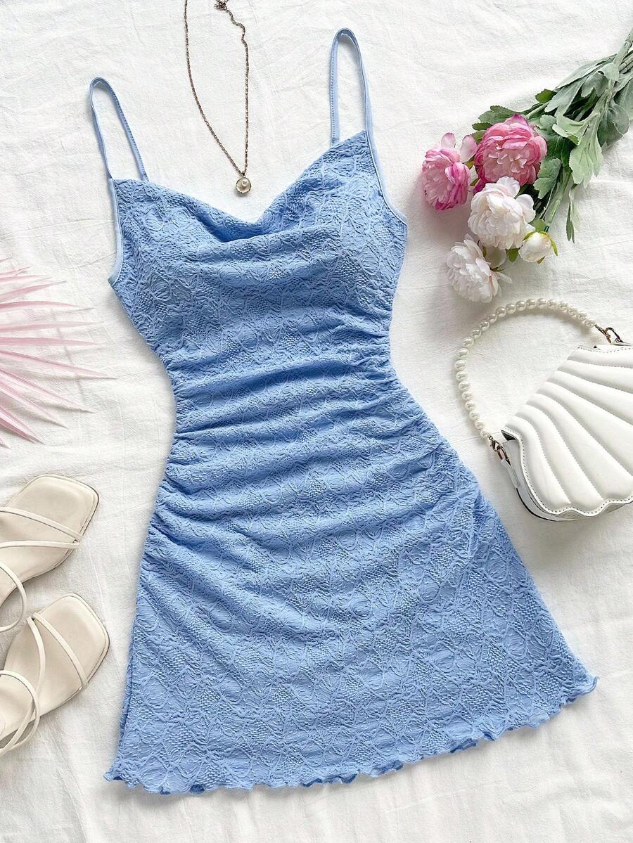 Soleia Pastel Yellow Women's Mini Sundress With Ruffled Neckline, Backless Design, Suitable For Holiday, Date, Afternoon Tea, Vacation, Music Festival, Bohemian Style Baby Blue Dress Blue Summer Dress Blue Vacation Dress Powder Blue Dress Blue Dress Summer - Blue - View 1