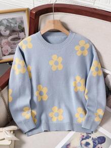 SHEIN 秋冬款女童花卉图案圆领长袖毛衣 - 霧霾藍 - 查看 4