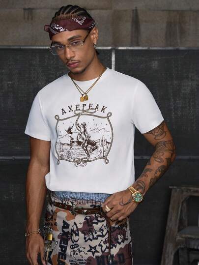 AXEPEAK 男士时尚夏季字母骑士印花短袖休闲T恤