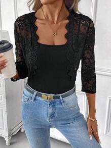 SHEIN Clasi Women's Open Front Lace See-Through Lightweight Jacket, Spring & Summer, Black Lace Shrug In Fall/Winter - Black - View 7