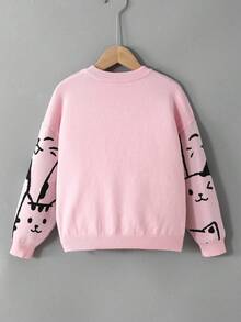 SHEIN 青少年女孩可爱卡通图案圆领休闲长袖套头毛衣 - 淺粉色 - 查看 2