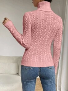 Almamuse كنزة صوفية نسائية كاجوال بلون أحادي من الكشمير المحبوك بياقة عالية، بلوزة محبوكة للخريف والشتاء - وردي - مشاهدة 2