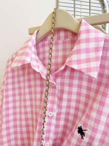 INAWLY Camisa casual de mujer de manga larga, de un solo pecho, con hombros caídos y estampado de cuadros, para verano - Rosa - Ver 6