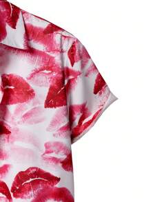 Manfinity KASUA 男士唇印短袖上衣和短裤，休闲沙滩装男士沙滩装套装度假套装男士 - 粉色 - 查看 3