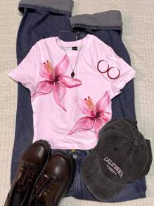 Attitoon T-shirt ajusté à col rond et manches courtes pour femmes, motif floral rose, convient pour l'été - Blanc - Voir 2