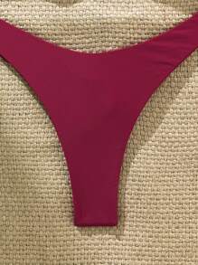 Swim Mod Set Bikini Seksi Wanita Warna Polos dengan Tali Bahu Tipis dan Hiasan Bintang Laut dari Logam, Musim Panas - Merah - View 7