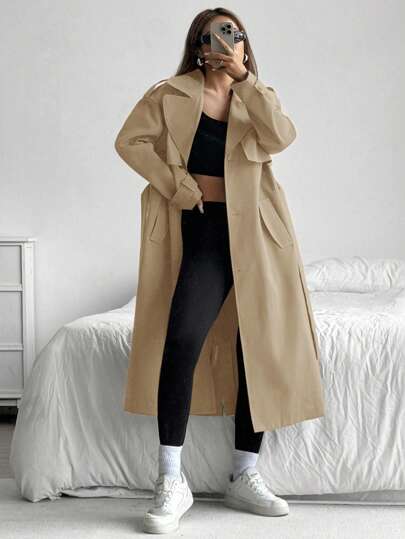 SHEIN EZwear 秋冬休闲百搭驼色梭织女式风衣