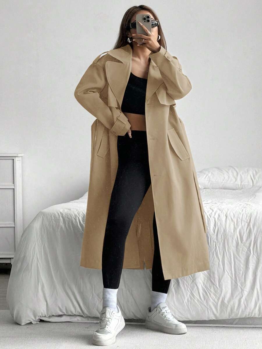 SHEIN EZwear 秋冬休闲百搭驼色梭织女式风衣 - 駝色 - 查看 1