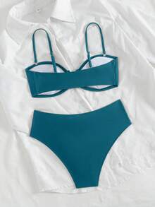 Swim Chiccia 2 件套女士纯色细肩带 U 领可拆卸肩带上衣和高腰比基尼泳裤泳衣套装 - 藍色 - 查看 7