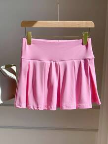 Comfortcana Váy mini xếp ly thể thao dễ thương đan màu hồng giản dị mùa hè cho nữ - Hồng - Xem 3