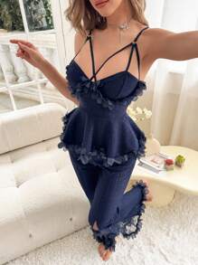 SHEIN 奢华花卉刺绣拼布开衩女式针织提花睡衣套装 2 件套