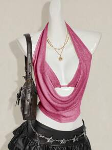 SHEIN ICON 2pcs Summer Going Out Beach Hawaii Party Homecoming Concert Club Glitter Backless Women Tank Tops & Camis Pink Halter Top,Sexy Top