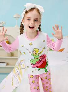 LE PETIT PRINCE X SHEIN Ensemble pyjama avec t-shirt à manches longues décontracté et polyvalent avec motif graphique de personnage de dessin animé de jeune fille et motif rose, et pantalon imprimé d'étoiles