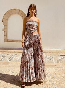 Maija Bộ đồ hai mảnh gồm áo ống ngắn in họa tiết Paisley và chân váy xếp ly dành cho nữ, thích hợp cho kỳ nghỉ hè ở bãi biển, bộ chân váy xếp ly, bộ váy maxi hai mảnh, trang phục lễ hội, trang phục nghỉ dưỡng. - Nhiều màu - Xem 3