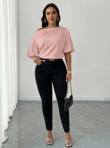 Maweii 大码女式性感不对称肩部荷叶边短袖优雅休闲衬衫，面料舒适，适合春、夏、秋季日常穿着及通勤。 - 藕粉色 - 查看 6