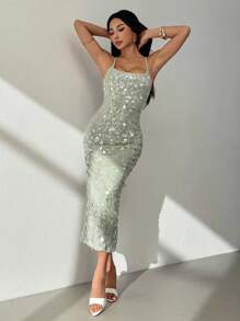 SHEIN PETITE Mùa hè gợi cảm tuyệt đẹp màu xanh bạc hà sequins Boho bãi biển trang phục đi nghỉ hòa nhạc cho phụ nữ váy cổ yếm mùa hè, trang phục mùa hè cho phụ nữ, trang phục câu lạc bộ phụ nữ gợi cảm, váy đi nghỉ lấp lánh, váy dự tiệc - màu xanh lá - Xem 5