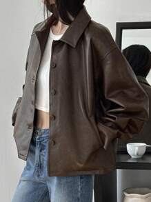 DAZY 秋季新款宽松休闲返校PU皮夹克女式外套 - 棕色 - 查看 5