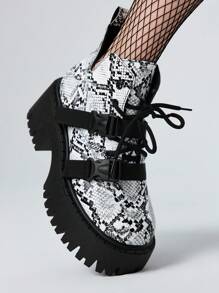 ROMWE Goth Women's Platform Lace-Up Short Boots Black Wedge Heel Boots Punk Dark Snakeskin Pattern Boots, Halloween