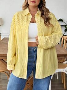 SHEIN CURVE+ Plus Size Women's Striped Printed Simple Daily Long Sleeved Shirt, Long Sleeved Top,Teacher Shirtsfall Clothes For Women,Winter,CURVE PLUS