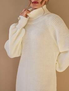 CLARA VERO Casual Turtle Neck Raglan Balloon Sleeve Solid Color Plain Pattern Oversize Loose Fit Cozy Warm Knitted Dress Button Detailed Cuffs Dress For Fall Winter For Women Outfits - Apricot - View 6