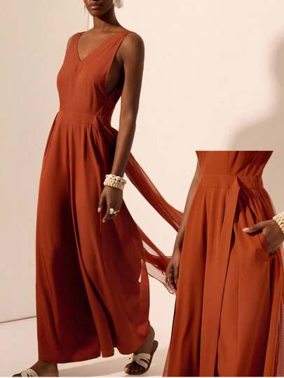 Zivah 20  Spring & Summer New Music Festival, Easter, St. Patrick's Day, Western, Nomadic, Birthday Party, Graduation, Collegiate, Students, Daily Wear, Basics, Casual, Vacation, Cruise Travel, Beach, Sun-Bathing, Viral , Streetwear, Wedding Guest Boho, Commute, Brunch, Airport, Women's Sleeveless Jumpsuit With Chiffon Overlay