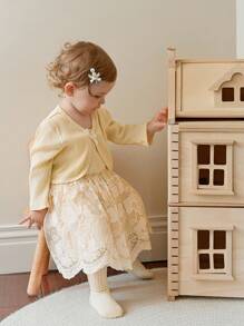 SHEIN The Baby Girl's Fashionable, Elegant And Sweet Apricot Strappy Jacquard Mesh Dress Pairs Well With A Long-Sleeved, Wavy Short Coat With A Bow, Making It Suitable For Daily Wear, Going To School, Attending Gatherings, And Outdoor Spring And Autumn - Apricot - View 3