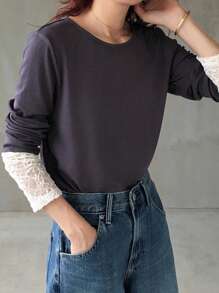 FRIFUL Women's Dark Grey Round Neck Long Sleeve Cuff Splice Sheer Lace Fabric Casual Slim Fit T-Shirt, Versatile For Autumn