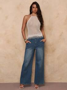 SHEIN BAE Sexy Women's Knit Top With Pearl Beaded Hem Detail And Tie-Neck Backless Design - Apricot - View 1