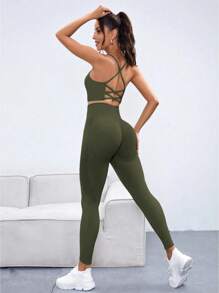SHEIN Sports 无缝高弹力女士运动瑜伽套装 - 綠色 - 查看 5
