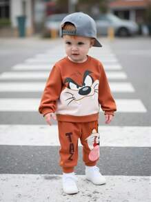 LOONEY TUNES X SHEIN 男婴可爱卡通动物印花运动衫和运动裤运动服套装，适合秋冬季