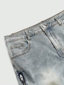 ROMWE MEN Street Life Men's Gradient Color Zipper Pocket Flared Jeans - Blue - View 3