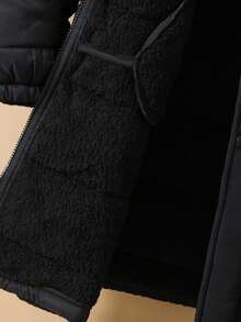 SHEIN Teen Boys' Black Long Oversized Winter Autumn Coat, Thick Minimalist Jacket, Casual College Style Teen Boy Hooded Parka, Comfortable Outdoor Warm - Black - View 5